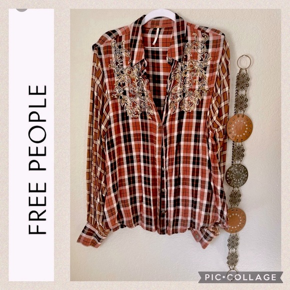 Free People Tops - FREE PEOPLE PLAID EMBROIDERED SEQUIN SHIRT